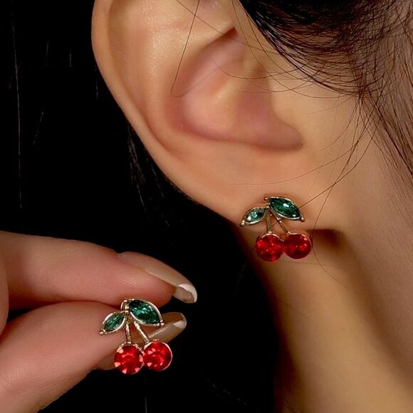XMAS SALE Gold Crystal Cherry Stud Earrings - Picture 3 of 5